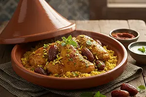Cairo Style Chicken Tagine with Dates and Pistachios
