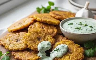 Tostones con Mojo de Ajo y Cilantro – Chrupiące Placki z Zielonych Bananów z Sosem Czosnkowo-Kolanowym