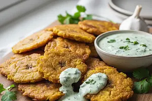 Tostones con Mojo de Ajo y Cilantro – Chrupiące Placki z Zielonych Bananów z Sosem Czosnkowo-Kolanowym