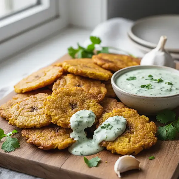 Tostones con Mojo de Ajo y Cilantro – Chrupiące Placki z Zielonych Bananów z Sosem Czosnkowo-Kolanowym