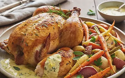 Kurczak 'Ziołowa Apteczka' z sosem szałwiowo-cytrynowym i pieczonymi warzywami korzeniowymi