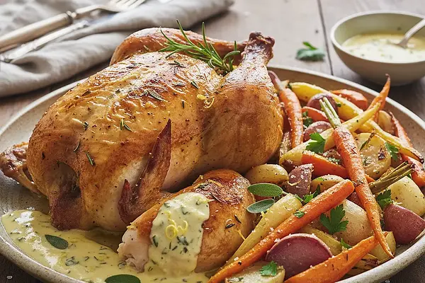 Kurczak 'Ziołowa Apteczka' z sosem szałwiowo-cytrynowym i pieczonymi warzywami korzeniowymi