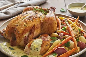 Chicken 'Herbal Pharmacy' with sage-lemon sauce and roasted root vegetables