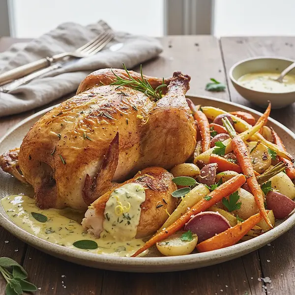 Chicken 'Herbal Pharmacy' with sage-lemon sauce and roasted root vegetables