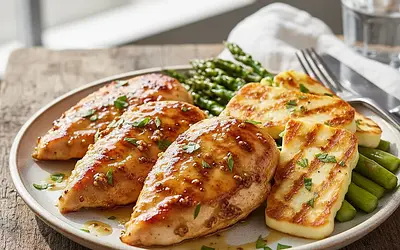 Kurczak miodowo-musztardowy z halloumi i szparagami z patelni grillowej