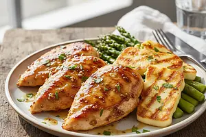 Kurczak miodowo-musztardowy z halloumi i szparagami z patelni grillowej