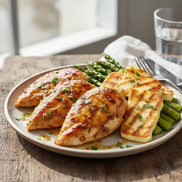 Honey-Mustard Chicken with Halloumi and Grilled Asparagus