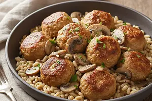 One-Pot Turkey Meatballs in Mushroom Sauce with Pearl Barley