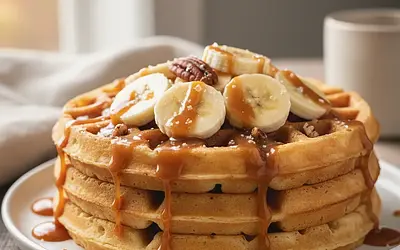 Fluffy Yeast Waffles with Bananas and Salted Caramel Sauce