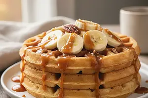 Fluffy Yeast Waffles with Bananas and Salted Caramel Sauce