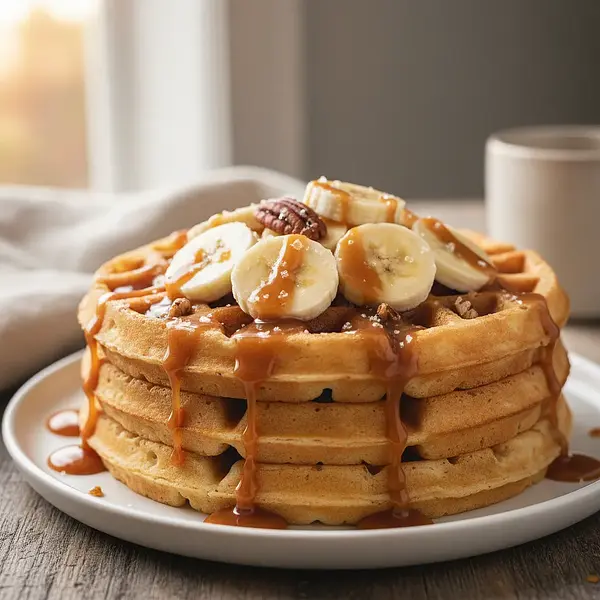 Fluffy Yeast Waffles with Bananas and Salted Caramel Sauce