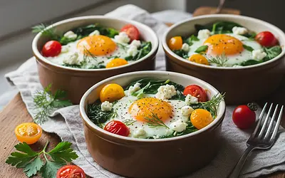 Baked eggs in ramekins with spinach, feta, and cherry tomatoes