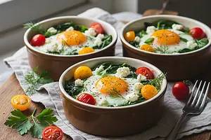 Baked eggs in ramekins with spinach, feta, and cherry tomatoes