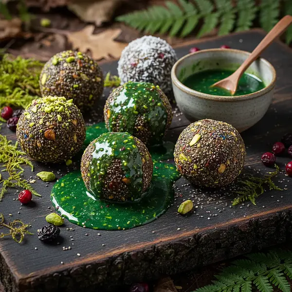 Forest Power Balls with Mysterious Green Sauce
