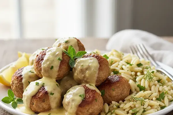 Pieczone Klopsiki Jagnięce 'Keftedes' z Kremowym Sosem Cytrynowym i Ziołowym Orzo