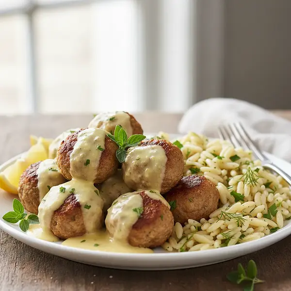 Baked Lamb Meatballs 'Keftedes' with Creamy Lemon Sauce and Herbed Orzo