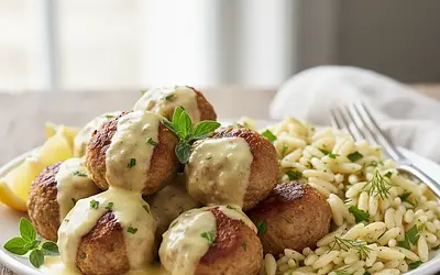 Baked Lamb Meatballs 'Keftedes' with Creamy Lemon Sauce and Herbed Orzo