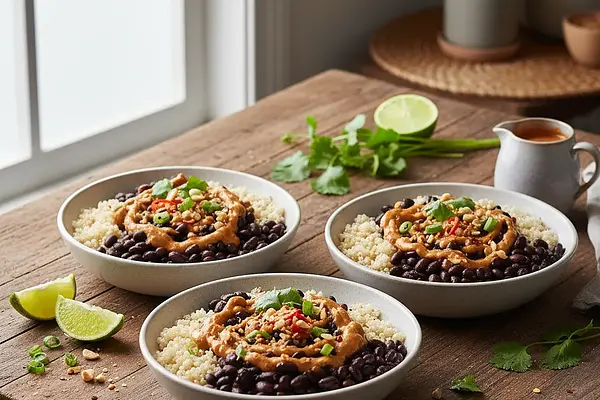 Proteinowe Mocy-Kulki z Komosy Ryżowej i Czarnej Fasoli z Pikantnym Sosem Orzechowym