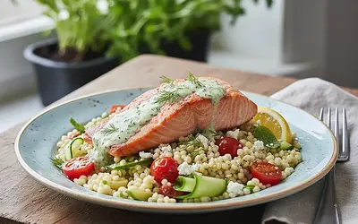 Quick Salad with Pearl Couscous, Salmon, and Dill Sauce