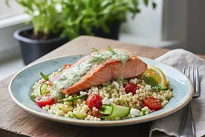 Quick Salad with Pearl Couscous, Salmon, and Dill Sauce