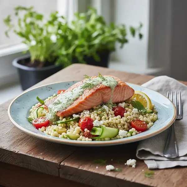 Quick Salad with Pearl Couscous, Salmon, and Dill Sauce