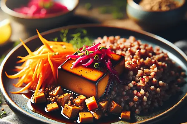 Tofu w glazurze śliwkowo-imbirowej z kaszą gryczaną i szybką marynowaną marchewką