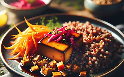 Tofu w glazurze śliwkowo-imbirowej z kaszą gryczaną i szybką marynowaną marchewką