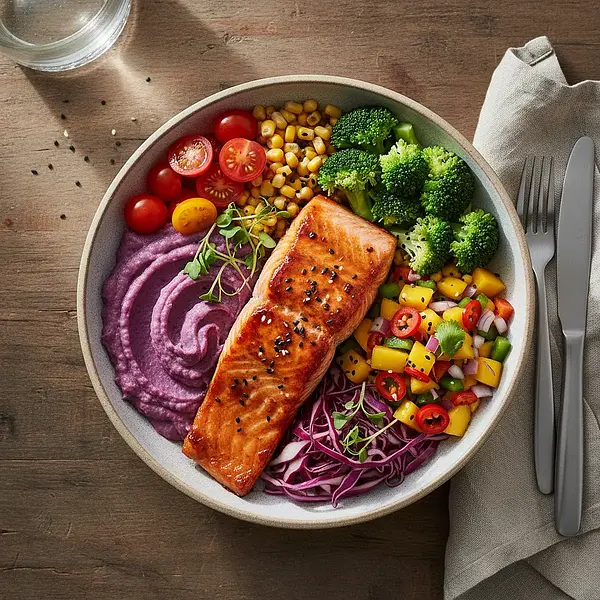 Rainbow Power Plate: Baked Salmon with Purple Potato Purée and Mango Salsa