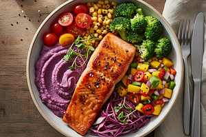 Rainbow Power Plate: Baked Salmon with Purple Potato Purée and Mango Salsa