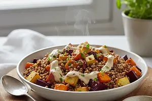 Warm buckwheat with roasted root vegetables and tahini sauce
