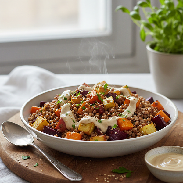Warm buckwheat with roasted root vegetables and tahini sauce