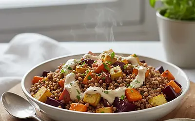 Rozgrzewająca kasza gryczana z pieczonymi warzywami korzeniowymi i sosem tahini