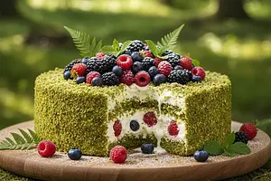 Photogenic Forest Moss Cake with Mascarpone Cream and Forest Fruits
