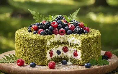 Photogenic Forest Moss Cake with Mascarpone Cream and Forest Fruits