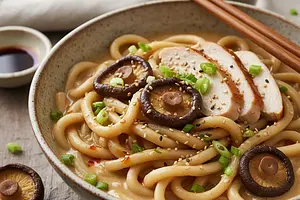 Homemade Udon Noodles in Creamy Miso Sauce with Chicken and Shitake Mushrooms