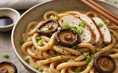 Homemade Udon Noodles in Creamy Miso Sauce with Chicken and Shitake Mushrooms
