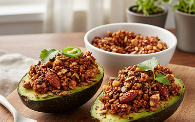Keto Awokado 'Łódeczki' z Pikantnym Nadzieniem z Orzechów i Nasion