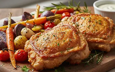 Crispy Chicken Thighs with Herbs and Vegetables from the Air Fryer (or Oven)