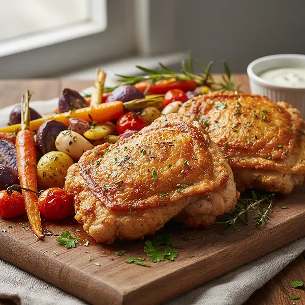 Crispy Chicken Thighs with Herbs and Vegetables from the Air Fryer (or Oven)