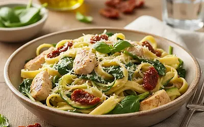 Keto Tagliatelle z Kurczakiem, Szpinakiem i Suszonymi Pomidorami w Kremowym Sosie