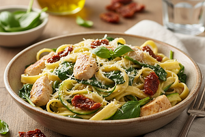 Keto Tagliatelle z Kurczakiem, Szpinakiem i Suszonymi Pomidorami w Kremowym Sosie