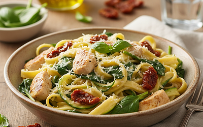 Keto Tagliatelle z Kurczakiem, Szpinakiem i Suszonymi Pomidorami w Kremowym Sosie