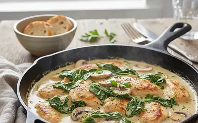 Creamy chicken with mushrooms and spinach in one pot