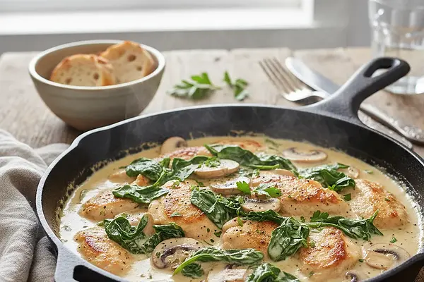 Kremowy kurczak z pieczarkami i szpinakiem w jednym garnku