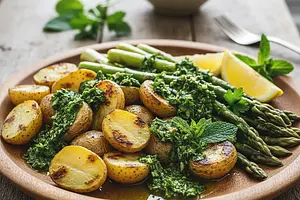 Grilled Young Potatoes and Asparagus with Mint and Parsley Chimichurri Sauce