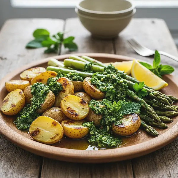 Grillowane Młode Ziemniaki i Szparagi z Sosem Chimichurri z Miętą i Pietruszką