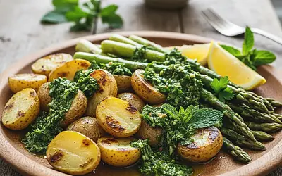 Grilled Young Potatoes and Asparagus with Mint and Parsley Chimichurri Sauce