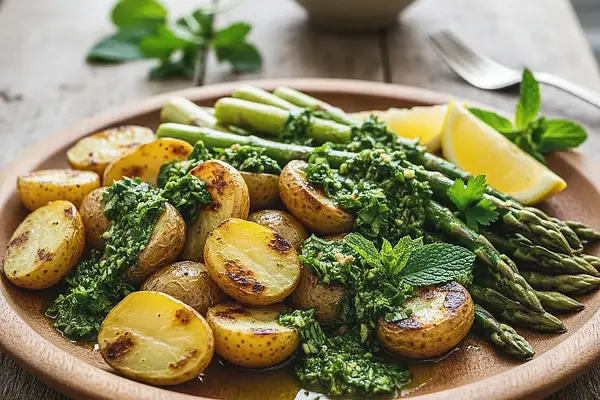 Grillowane Młode Ziemniaki i Szparagi z Sosem Chimichurri z Miętą i Pietruszką