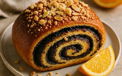 Rolada makowo‑pomarańczowa z kruszonką migdałową (wersja Słodki Blog)