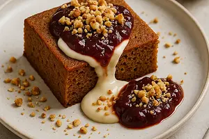 Modern Spiced Gingerbread with Plum Jam and Nut Crumble